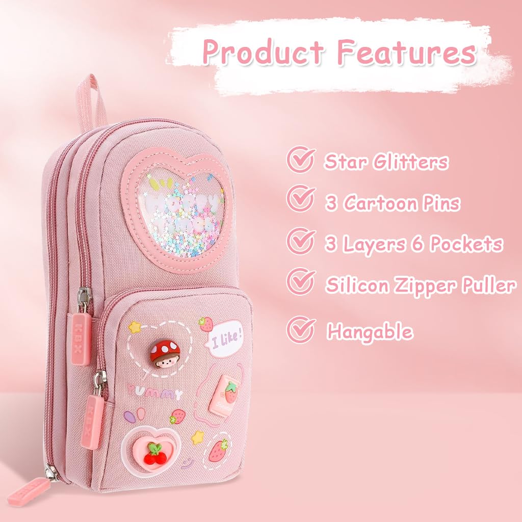 Zibuyu Pencil Pouch for Girls with 6 Layers and 3 Compartments Pink Canvas | Kawaii Organizer