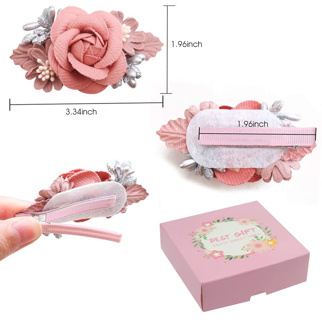 GUSTAVE® Pink 3 Pcs Floral Flower Hair Clips and Bow Hair Accessories for Girls,Baby,Toddlers,Teens Gifts