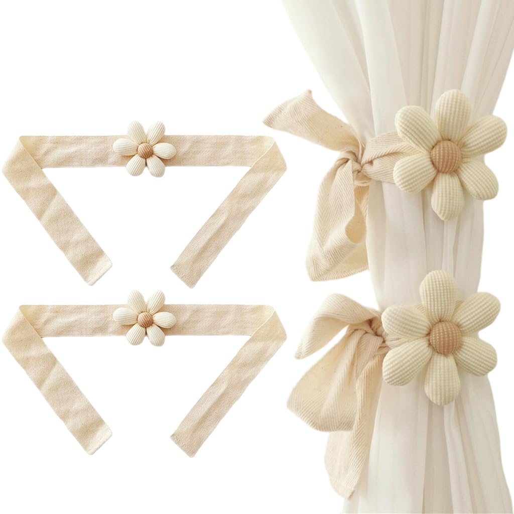 HASTHIP® 2Pcs Floral Curtain Tiebacks, Decorative Flower-Shaped Charm Tiebacks with Ribbon, Drape Cute Fresh Style Curtain Accessories for Home Decoration