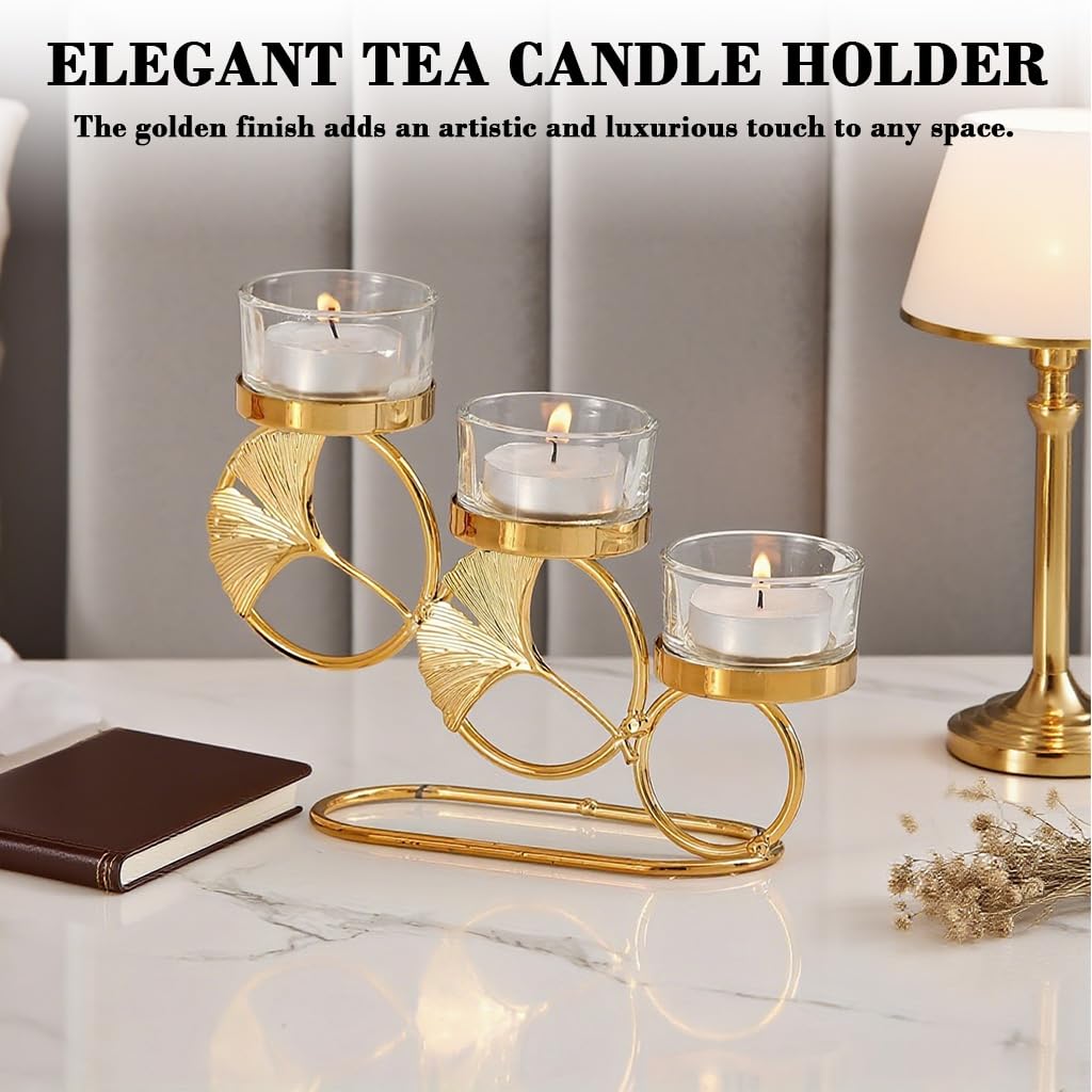 HASTHIP Candle Holder Stand for Home Decor with Three-Cup Design and 7.84x4.72 in Size | Golden Ginkgo Metal Tealight Display