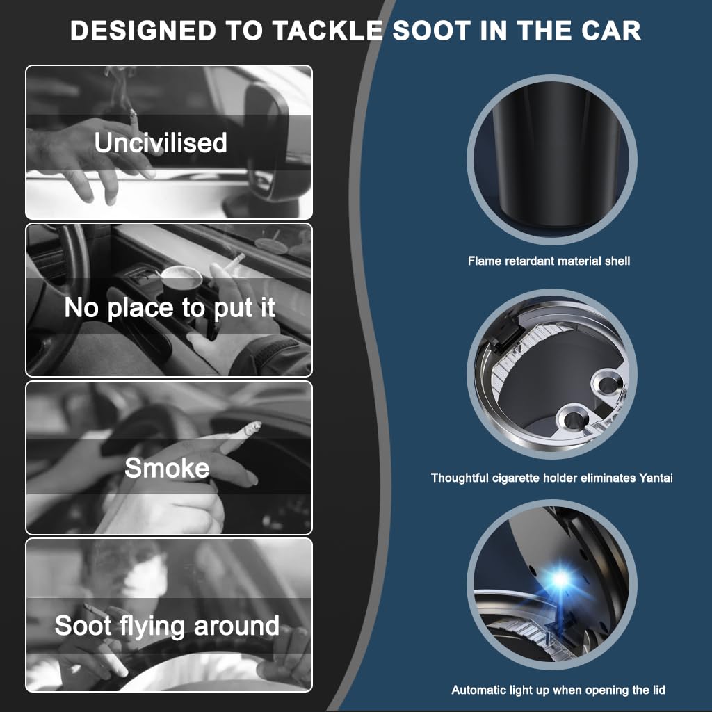STHIRA Car Ashtray for Vehicle Use with One-Touch Flip Lid and Light | Stainless Steel Liner