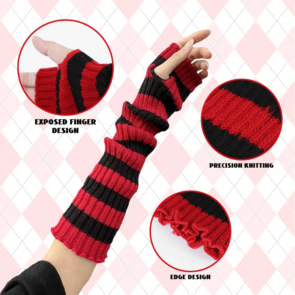 SANNIDHI Arm Warmers for Women with Thumb Hole featuring Red Black Striped Knit | Y2K Style and Warmth