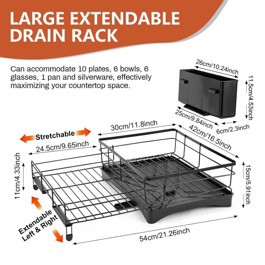 HASTHIP® Large Metal Dish Drying Rack with Expandable Cutlery Holder and Drip Tray, Multi-Functional Kitchen Organizer, Telescopic Tableware Holder Organizer for Dish, Bowl, Tableware