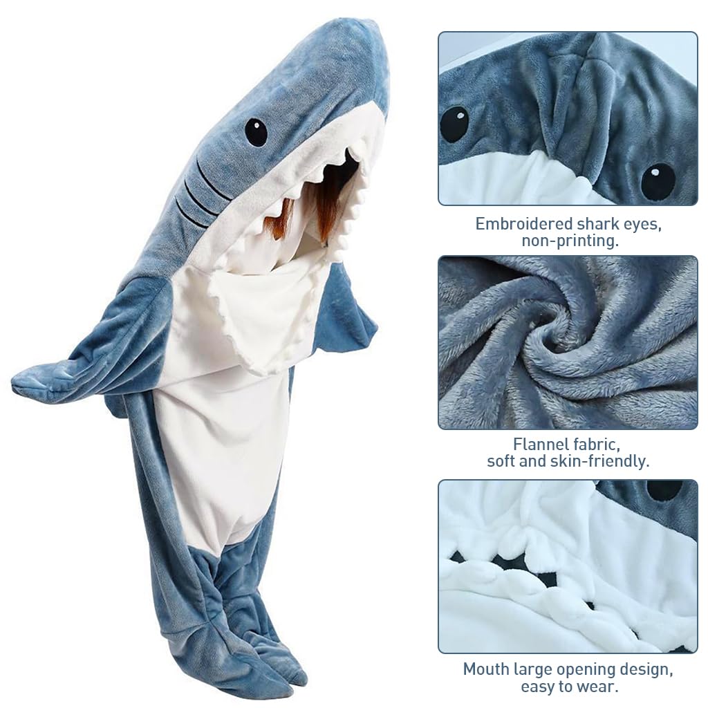 ZIBUYU® Shark Blanket Bag Pajamas for Women and Men Warm Flannel Hoodie Soft Plush Wearable Blanket Sleeping Bag for Adults & Teens Overnight Pajamas Party Shark Onesie Costume, 170cm