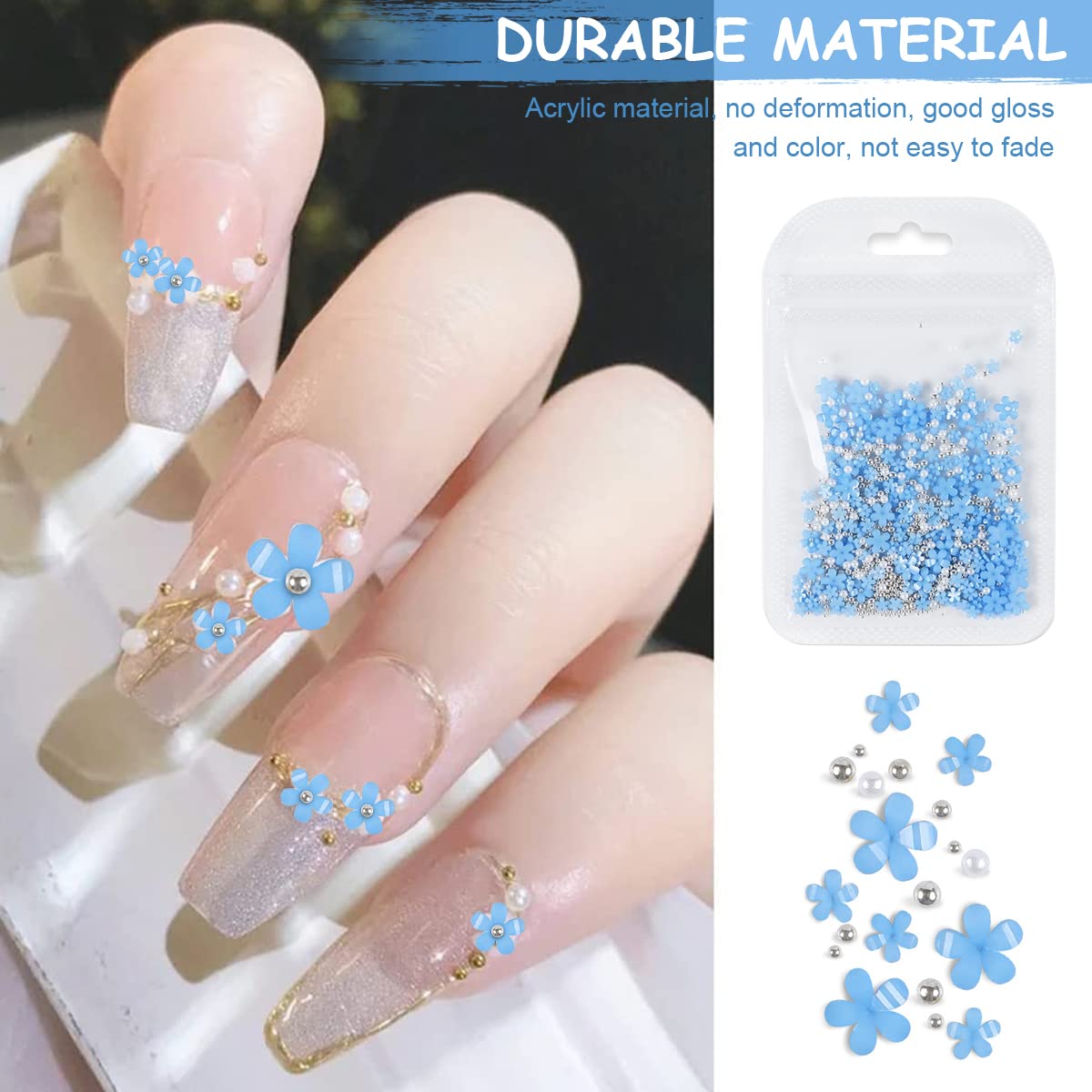 MAYCREATE 3D Flower Nail Charms for DIY Nail Art with 400 pcs Acrylic Decals | Blue and Purple Designs