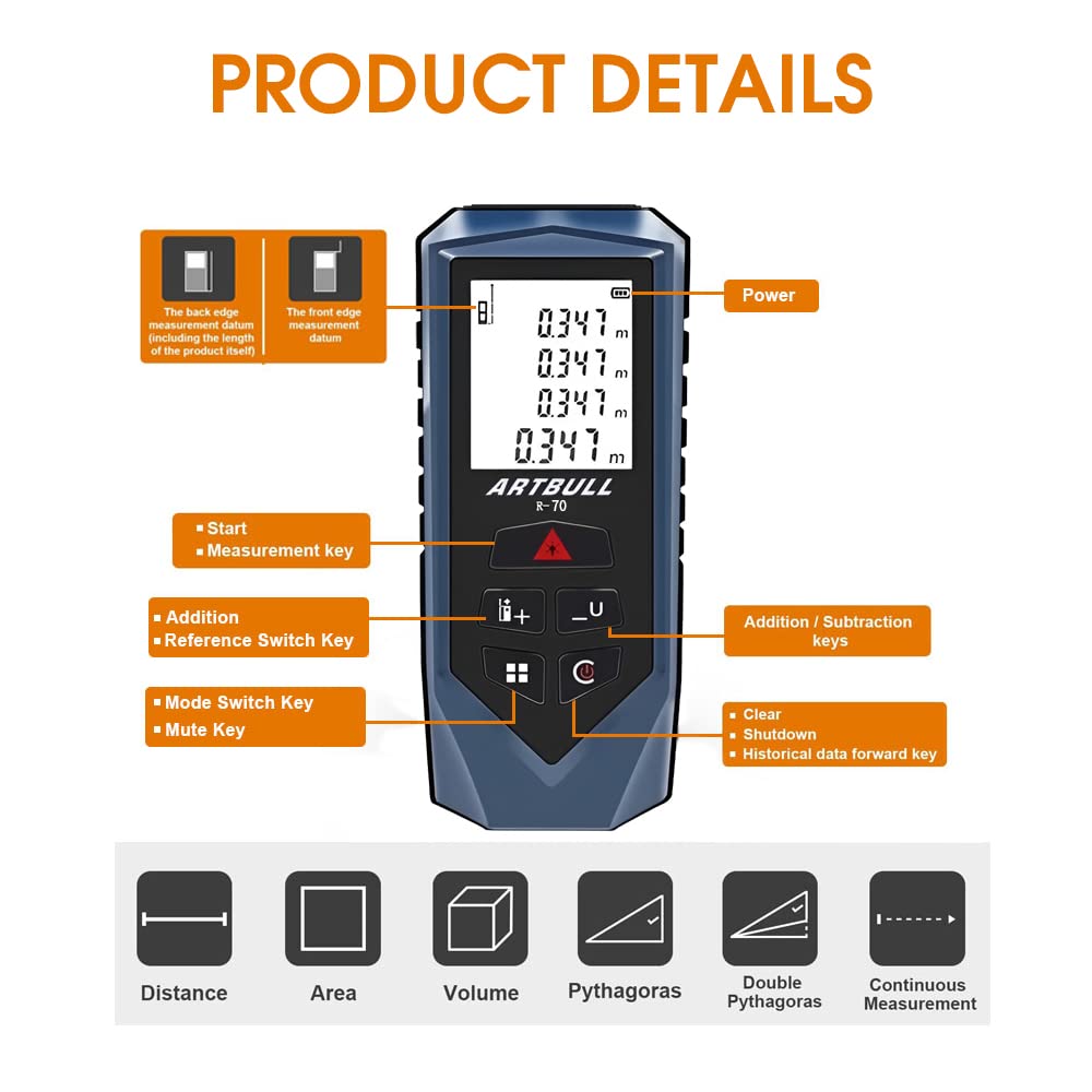 Serplex Laser Measuring Tape, 70m /229ft Laser Measure Device, ¡À 2mm Precise Digital Laser Measuring Device with Area Volume Pythagorean Calculation, LCD Backlit, Battery Powered, with Storage Pouch