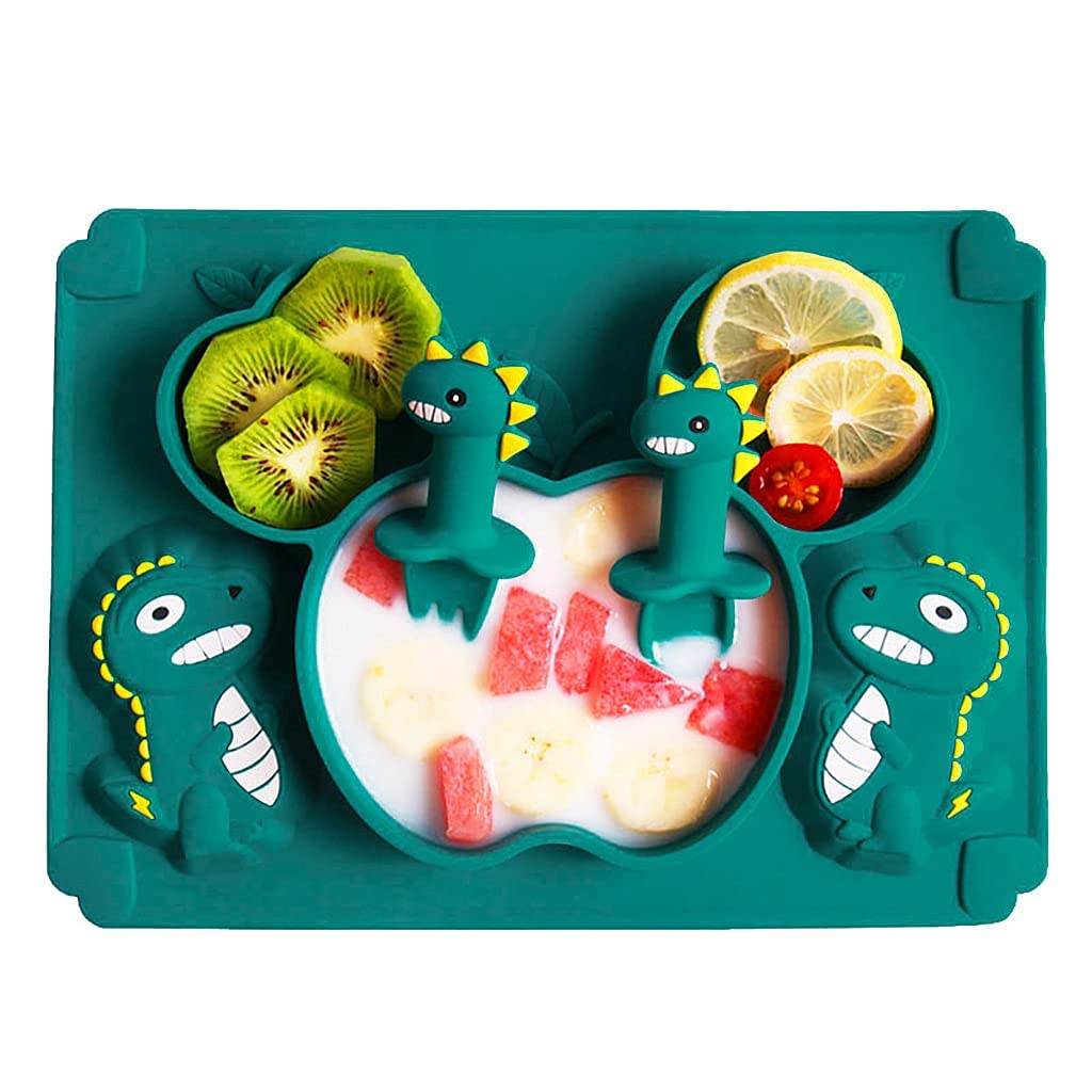 SNOWIE SOFT Baby Suction Plates for Feeding with Cute Dinosaur Design | Silicone 2PCS Green