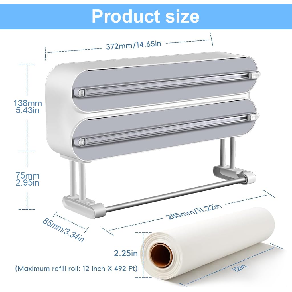 HASTHIP Magnetic Food Wrap Dispenser with Dual Hidden Blades and Sliding Cutter | White 3 in 1 Foil Paper Holder for Cling Film Tin Foil and Wax Paper