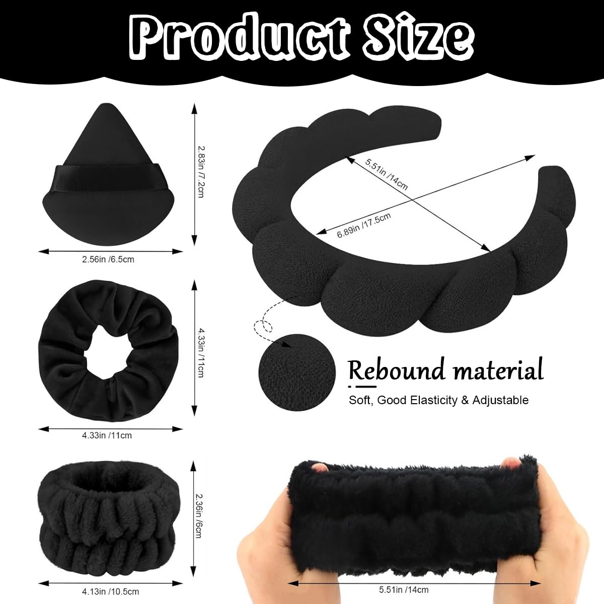 MAYCREATE® Facial Headband for Women Skincare Headband and Wrist Band 7Pcs Set for Face Wash, Puffy Spa Headband Hair Band for Makeup with Scrunchies & Powder Puffs - Black