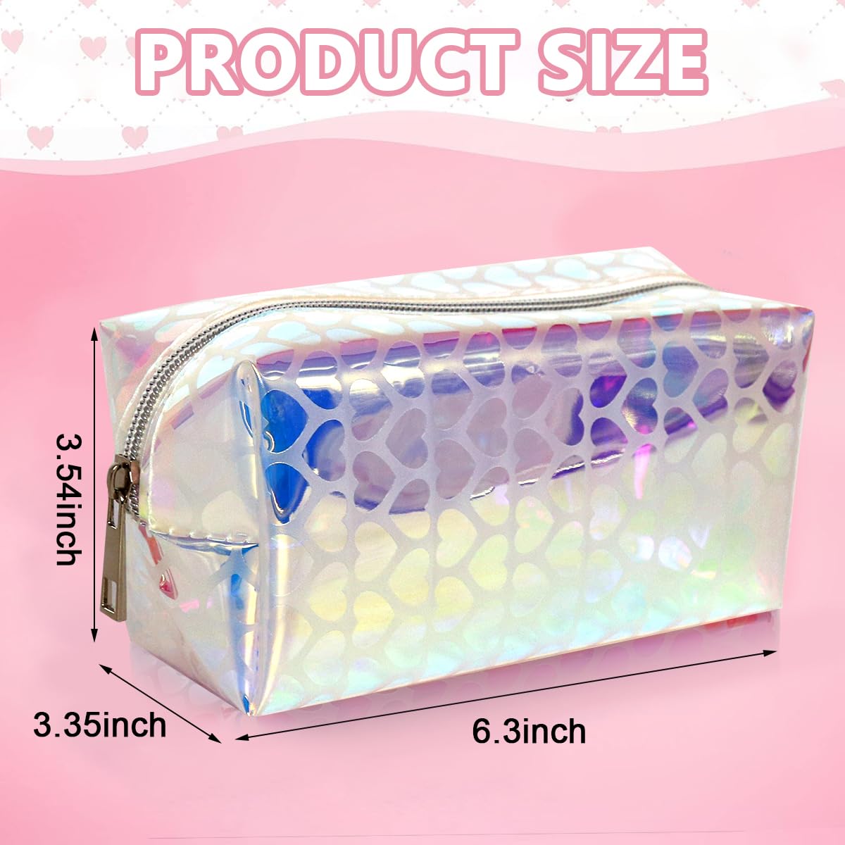 MAYCREATE Makeup Pouch Organizer for Travel with 16×8.5×9cm Capacity featuring Semi‑Transparent TPU & Holographic Heart Print | Cosmetic Bag for Women and Girls