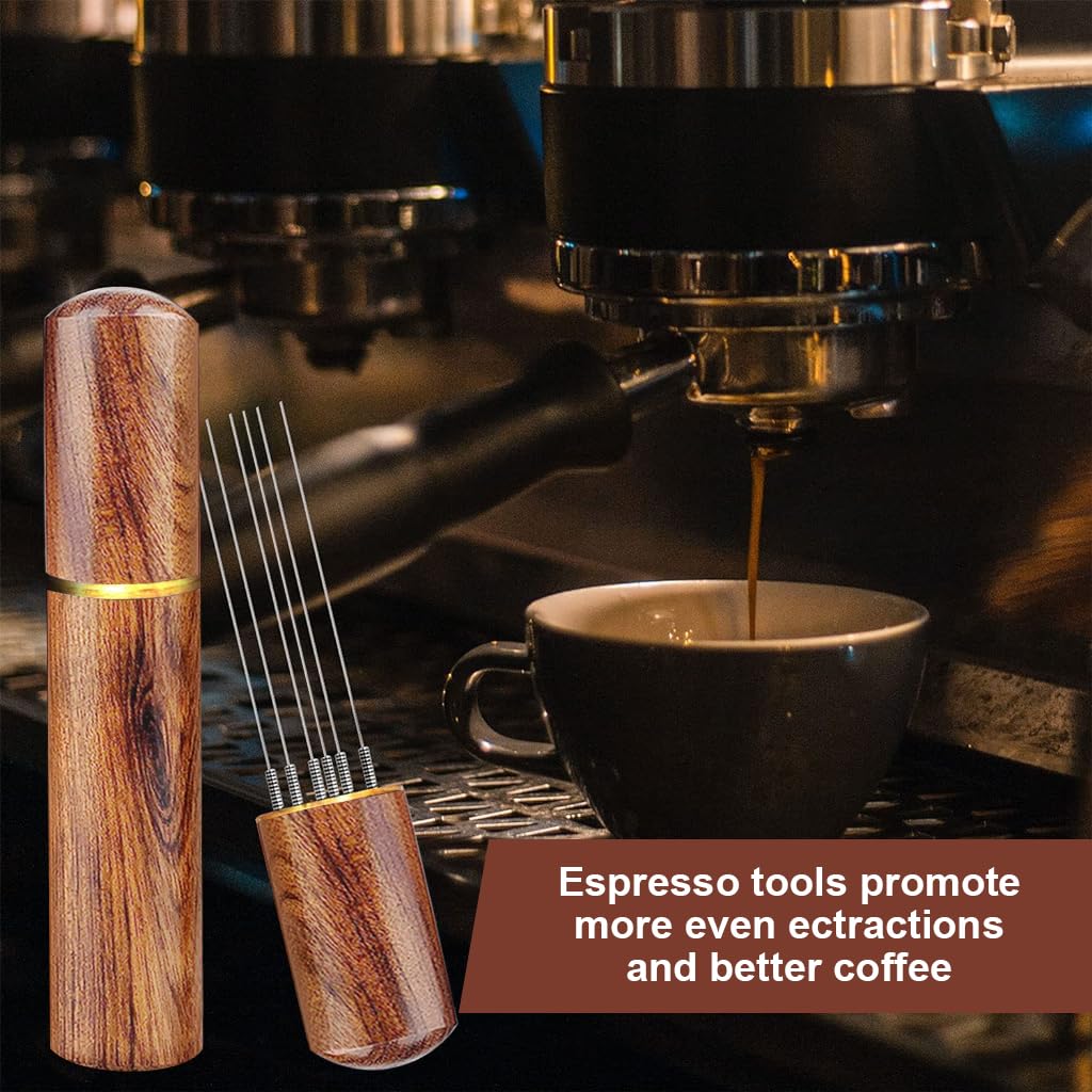 Supvox Espresso Coffee Stirrer for Baristas with 6 0.4mm Needles and Natural Wood Handle | Even Extraction Tool