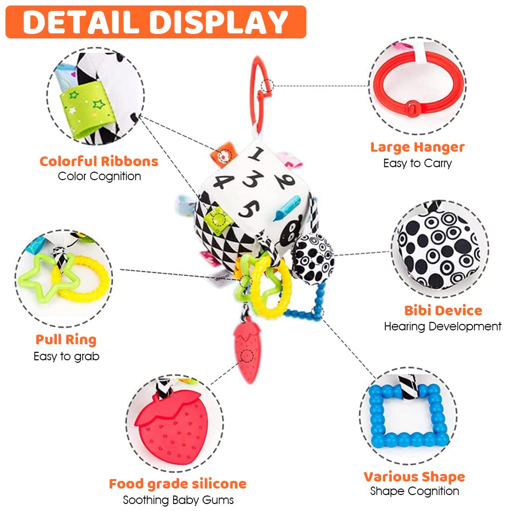 SNOWIE SOFT Baby Hanging Toys for Crib and Stroller with Rattle Sound & Silicone Teether | Soft Cloth High Contrast Toy for Infant 0–12 Months