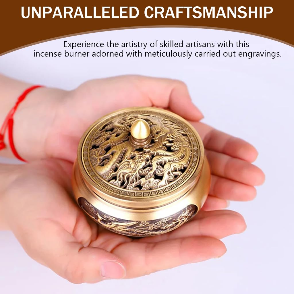 HASTHIP Incense Burner 2.7 in Bronze Alloy with Hollow Lid for Home and Office Décor | Engraved Phoenix Design