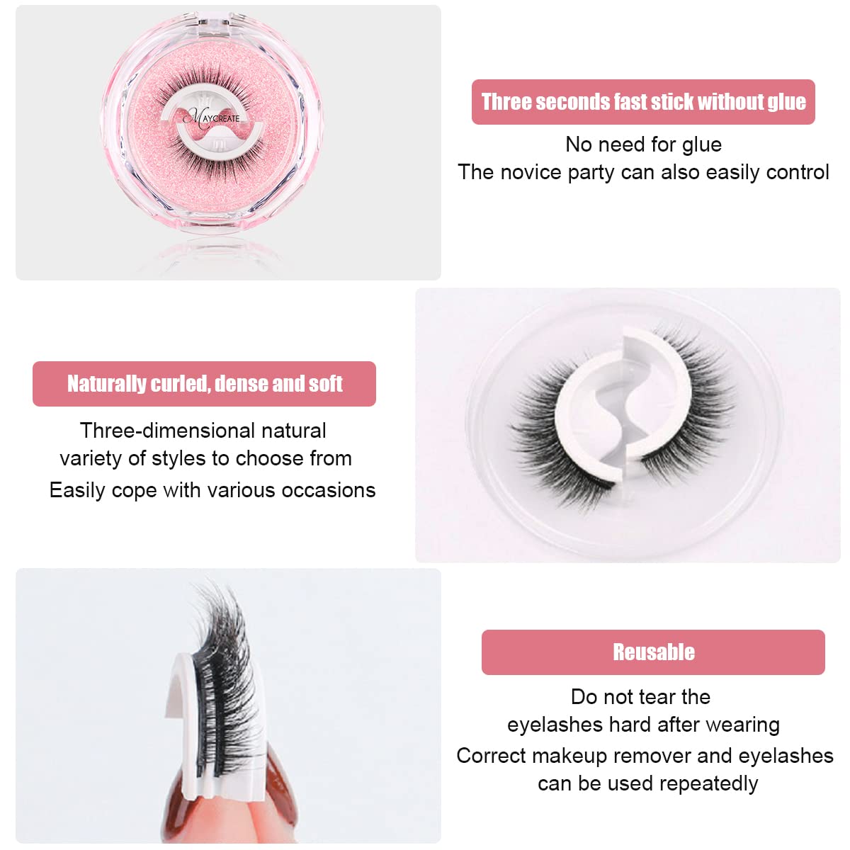 MAYCREATE  1 Pair 3D False Eyelashes Natural Look Reusable Self-Adhesive Eyelashes Waterproof 10mm For Women Eye Makeup Lash