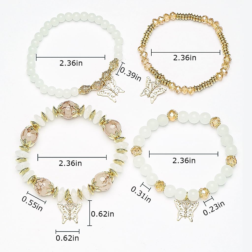 SANNIDHI 4Pcs Bohemian Butterfly Layered Bracelet Crystal Bracelet Stretchy Golden Beaded Bracelet Butterfly Bracelets for Women Girls Beaded Fashion Layered Beaded Bracelet Jewelry Gift for Girls