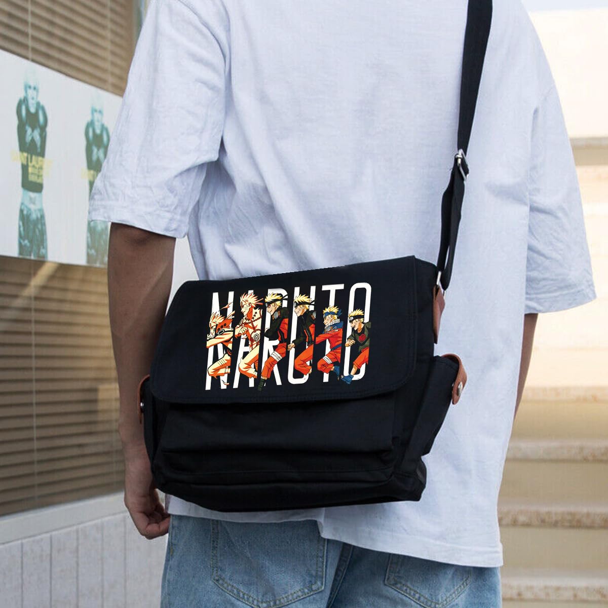 Fancyku Naruto Anime Sling Bag for Travel and Daily Use with Multiple Pockets 33x13x26cm | Canvas Messenger Bag for Men and Women