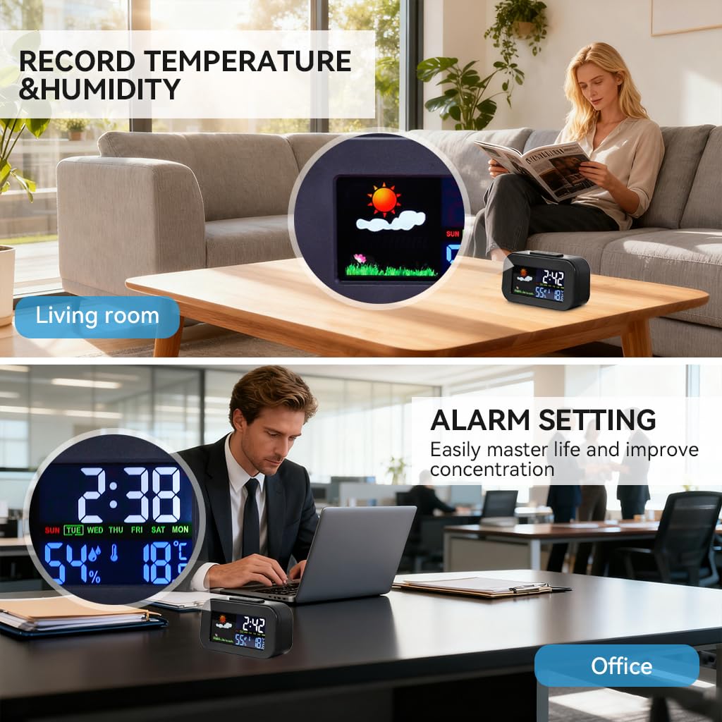 Serplex LCD Digital Timer Clock for Home with Snooze Mode and Color Display | Time Date Temperature Humidity