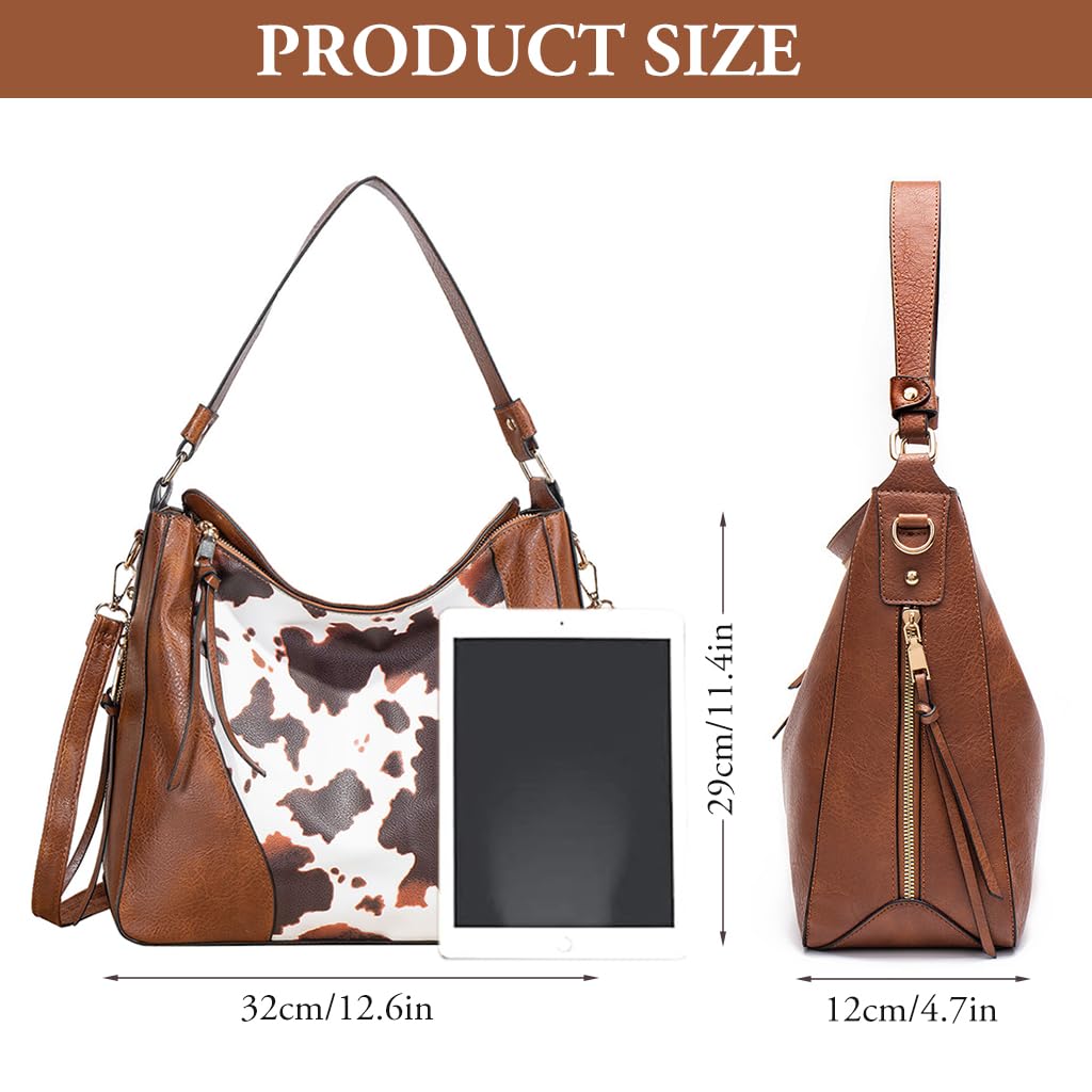 PALAY® Fashion Shoulder Bag Tote Bag Women Crossbody Bag Hand Bag Vintage Spot Print Patch Tote Bag Brown Soft PU Leather Shoulder Bag Large Casual Bag Day Bag Travel Shoulder Bag, 31x13x29cm