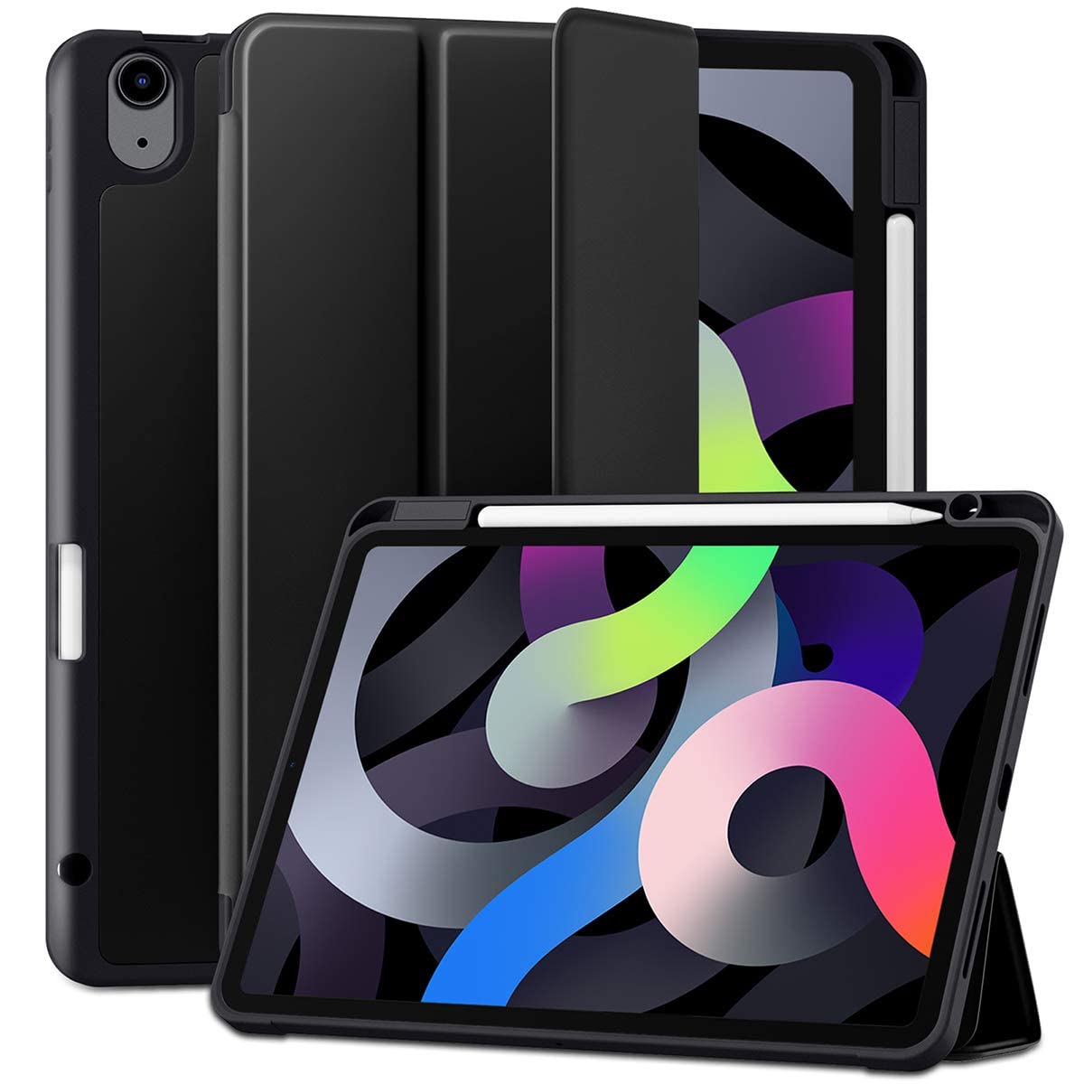 ZORBES iPad Air 4th Generation Case for 10.9 Inch with Trifold Stand and Pencil Holder | Black TPU Cover