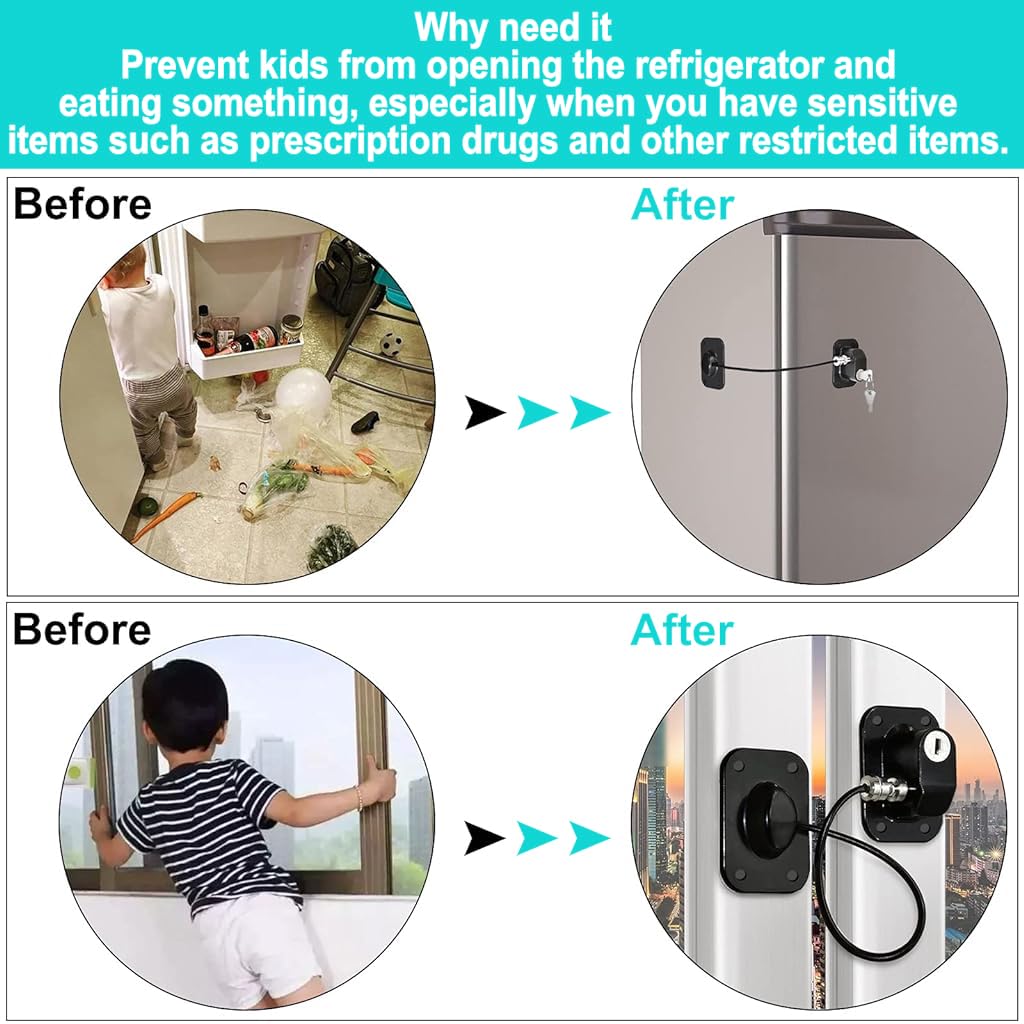 ZIBUYU® Safety Lock Child Proof Safety Lock Refrigerator Door Lock Drawer Lock with Keys Self Adhesive Safety Lock Door Lock Stainless Steel Chain Lock for Doo, Window