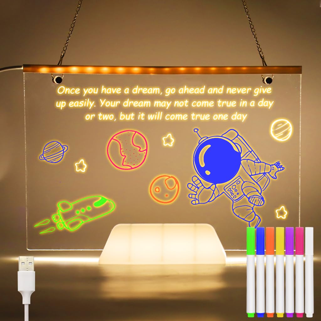 Climberty® Hanging 3D Acrylic Writing Board with 7 Color Pen, 11.8'' X 7.9'' Light up Dry Erase Board LED Message Board with Hanging Chain, Reusable Welcome Board Writing Board for Shop, Home, Office