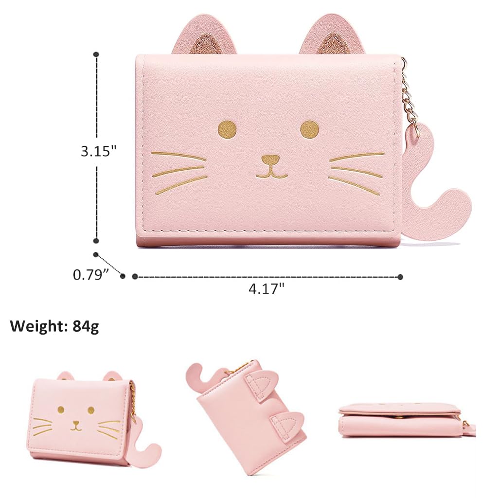 PALAY® Fashion Girls Cute 3D Cat Face Glitter Ears Wallet with Tail Tri-folded Wallet ID Card Case with Zipper Pocket