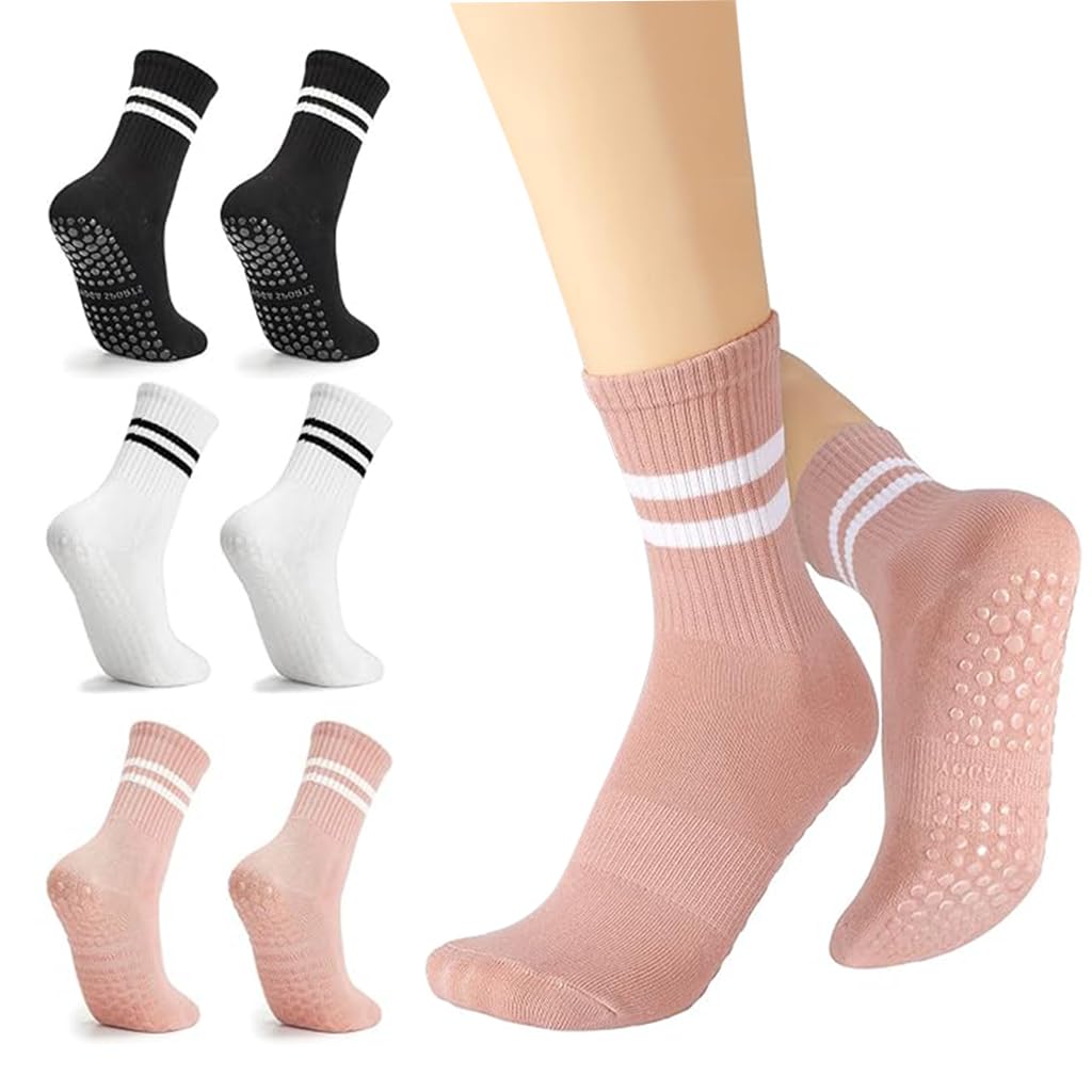 ZIBUYU® 3 Pairs Yoga Socks with Non-Slip Straps, Over-the-ankle Fitness Socks for Women Fashion Cotton Yoga Socks, Women Yoga Socks for Home Workout Gym Sports Fitness