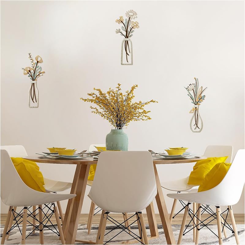 Zibuyu Metal Flowers Wall Art Set of 3 for Living Room with Beige Rustic Farmhouse Charm