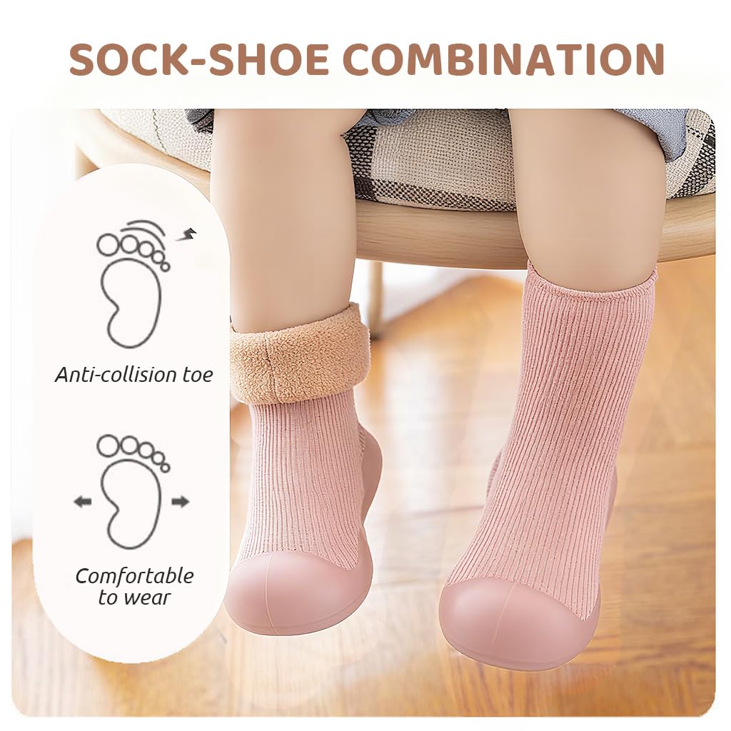SNOWIE SOFT Winter Baby Shoes for First Walkers with Anti‑Skid Rubber Sole and Plush Liner 11.5 cm | Warm Pink Toddler Socks