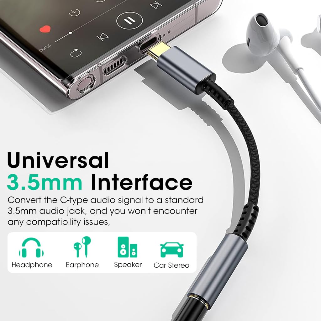 USB Type C to 3.5mm Audio Jack Adapter for Galaxy S23 and iPad Pro with Nylon Braided Cable