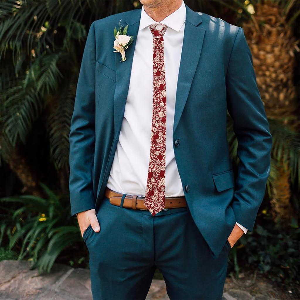 GUSTAVE Tie for Men featuring red floral cotton design 2.36×57 in | ideal for weddings