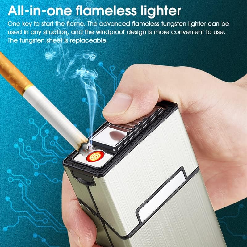 GUSTAVE  Brushed Aluminum Cigarette Case with USB Electric Lighter, Portable Cigarette Box for Whole Package 20pcs Cigarettes, Flameless Lighter, Moisture-Proof and Scratch(Golden)