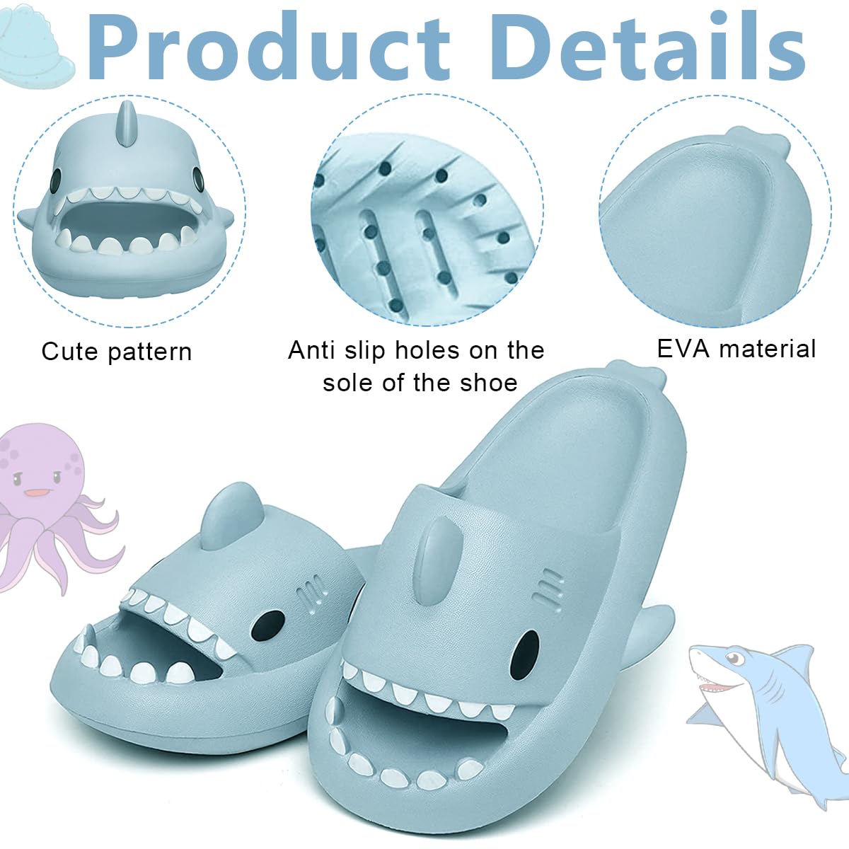 GUSTAVE Cartoon Shark Slippers featuring 4cm EVA Cushioned Sole for Home & Beach Use | UK 9-10