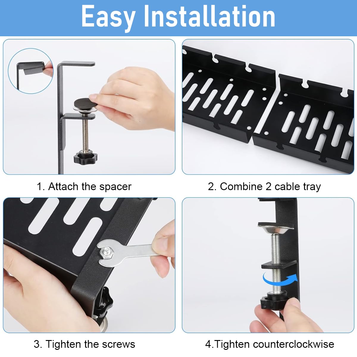OFIFO Under Desk Cable Organizer for Workspaces with 28.5–55 cm Retractable Tray | Carbon Steel Build