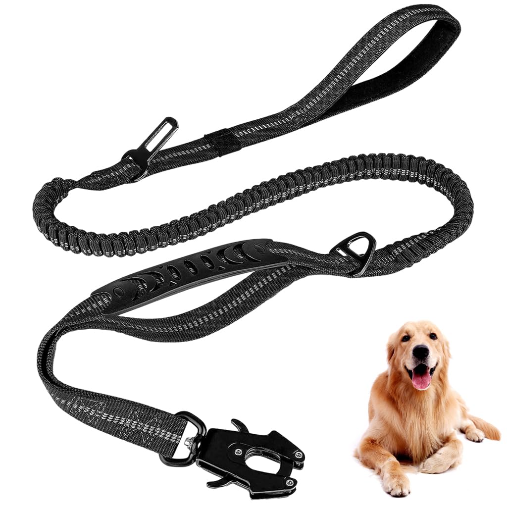 Qpets® Tactical Dog Belt Seat Belt, Adjustable Dog Leash with Car Seat Belt Buckle, Safety Dog Seatbelts with 2 Control Handles, Elastic Dog Harness for Medium Large Dog, Reflective(Black)