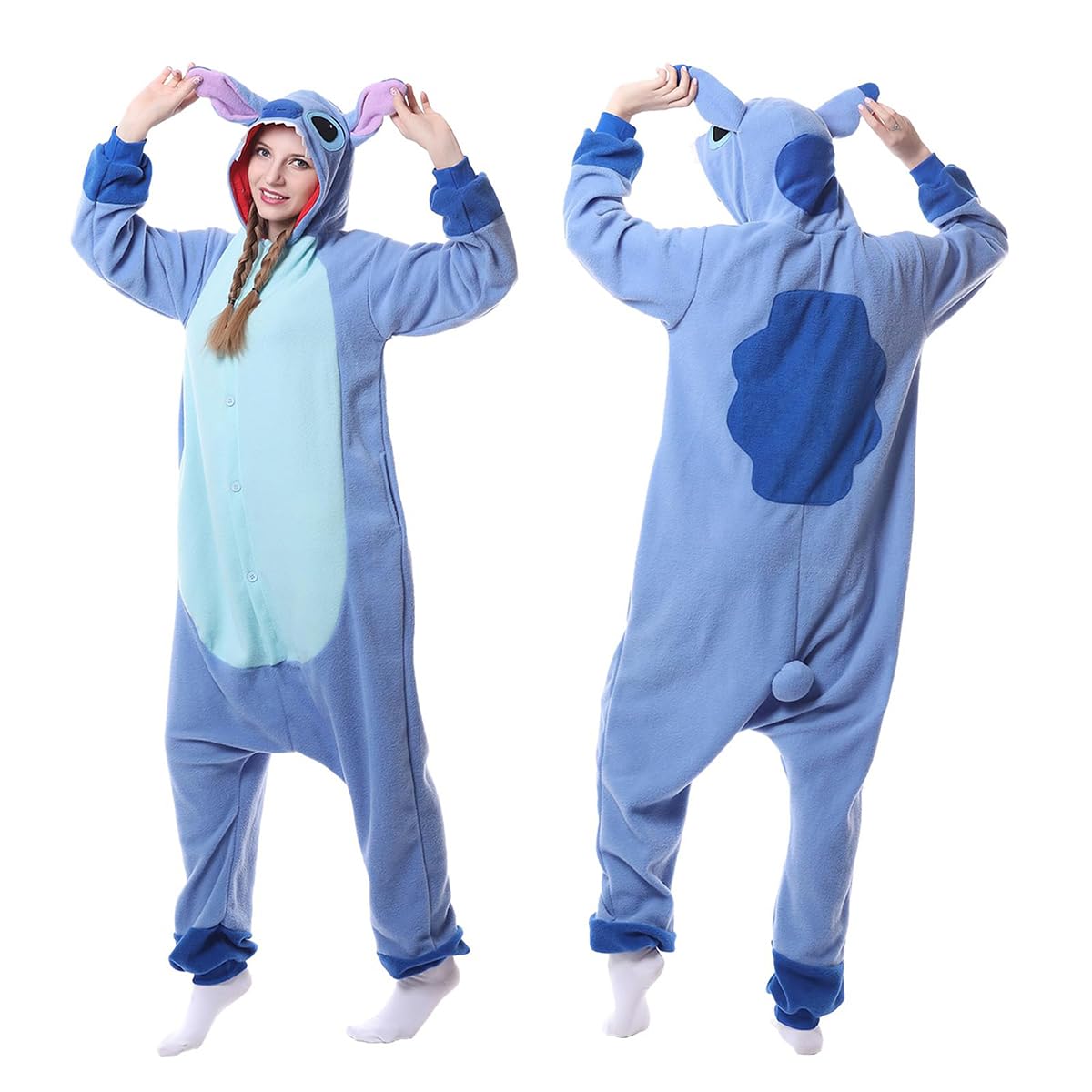 HASTHIP® Sleeping Pajamas for Teens & Adults Cute Stitch Flannel Sleeping Pajamas Stitch Cosplay Hoodie Pajamas Sleeping Pajamas Soft Plush Sleeping Pajamas for Sleepovers Pajamas Party, M