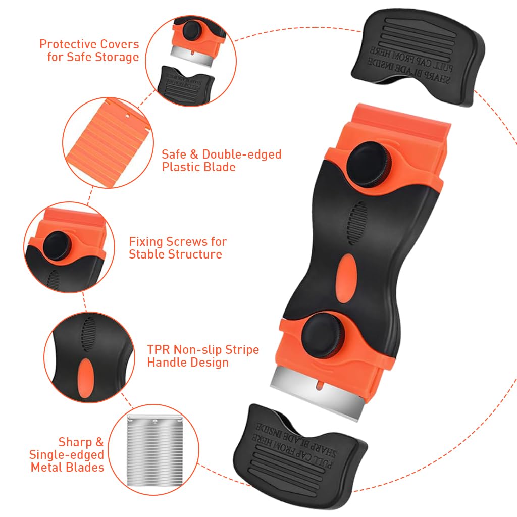 HASTHIP Razor Blade Scraper Set with 5 Scrapers and 20 Blades featuring Dual-Head Tool | Ergonomic Handle for Removing Glue and Labels