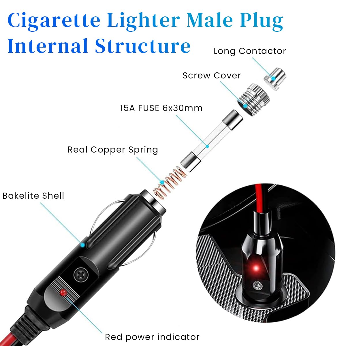 STHIRA Car Cigarette Lighter Extension Cord for Vehicle Devices with LED Indicator and Dust Cap 13Ft