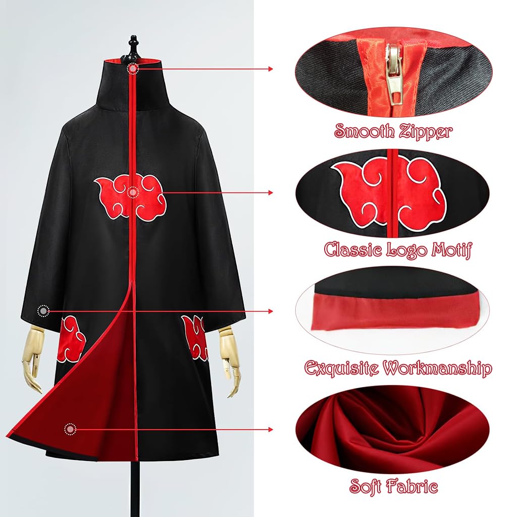 Venzina® Akatsuki Cloak 4pcs Set, Anime Cosplay Costumes for Kids, Ninja Uchiha Itachi Cloak Long Robe for Boys with Headband Necklace Ring for Halloween Cosplay Party