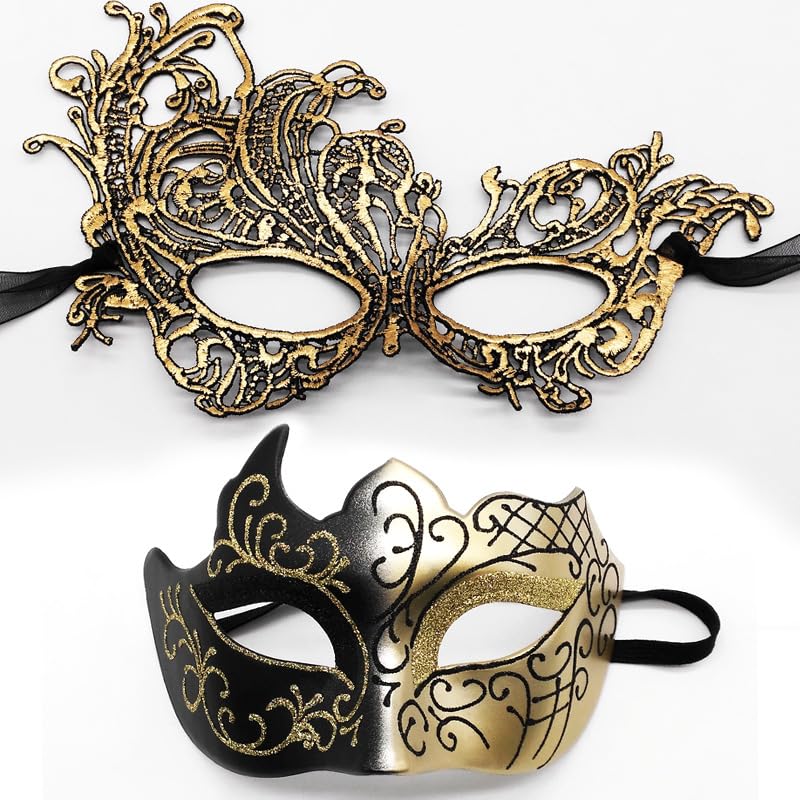 PATPAT Couple Masquerade Mask Set for Halloween and Carnival featuring Lace and Venetian Design