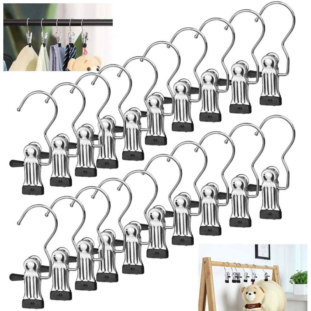 ZIBUYU® 20Pcs Laundry Hooks, Clips for Clothes, Clothes Clip Hangers No-Trace Rubberized Clamps Clothes Clips with Hooks Clip Hooks Hangers for Towels, Socks, Baby Clothes