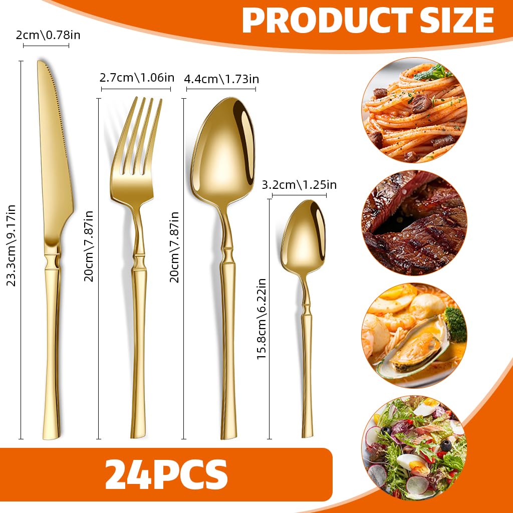 Supvox Cutlery Set for Dining Table with 24Pcs Stainless Steel & Golden Mirror Finish | Ergonomic Handle Gift Set