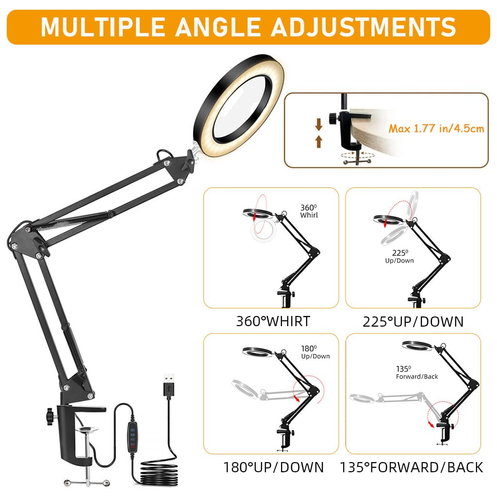 HASTHIP Desk LED Magnifier for Repairing and Crafting with 10X Lens & Flexible Arm Clamp | USB 3-Color Light