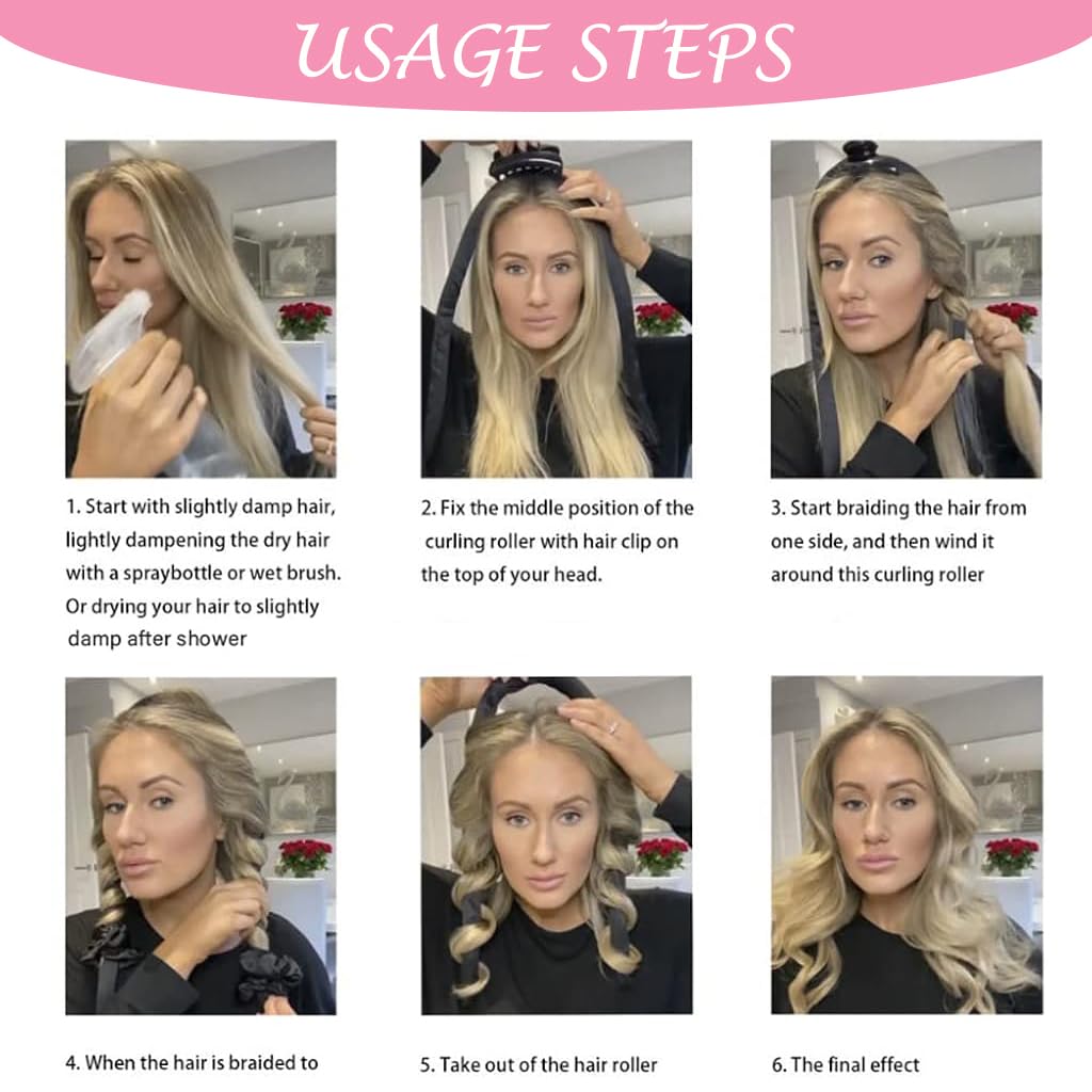 ZIBUYU Heatless Hair Curler for Overnight Soft Waves with Hair Claw Clip & 2 Scrunchies | Pink Styling Tool for Women