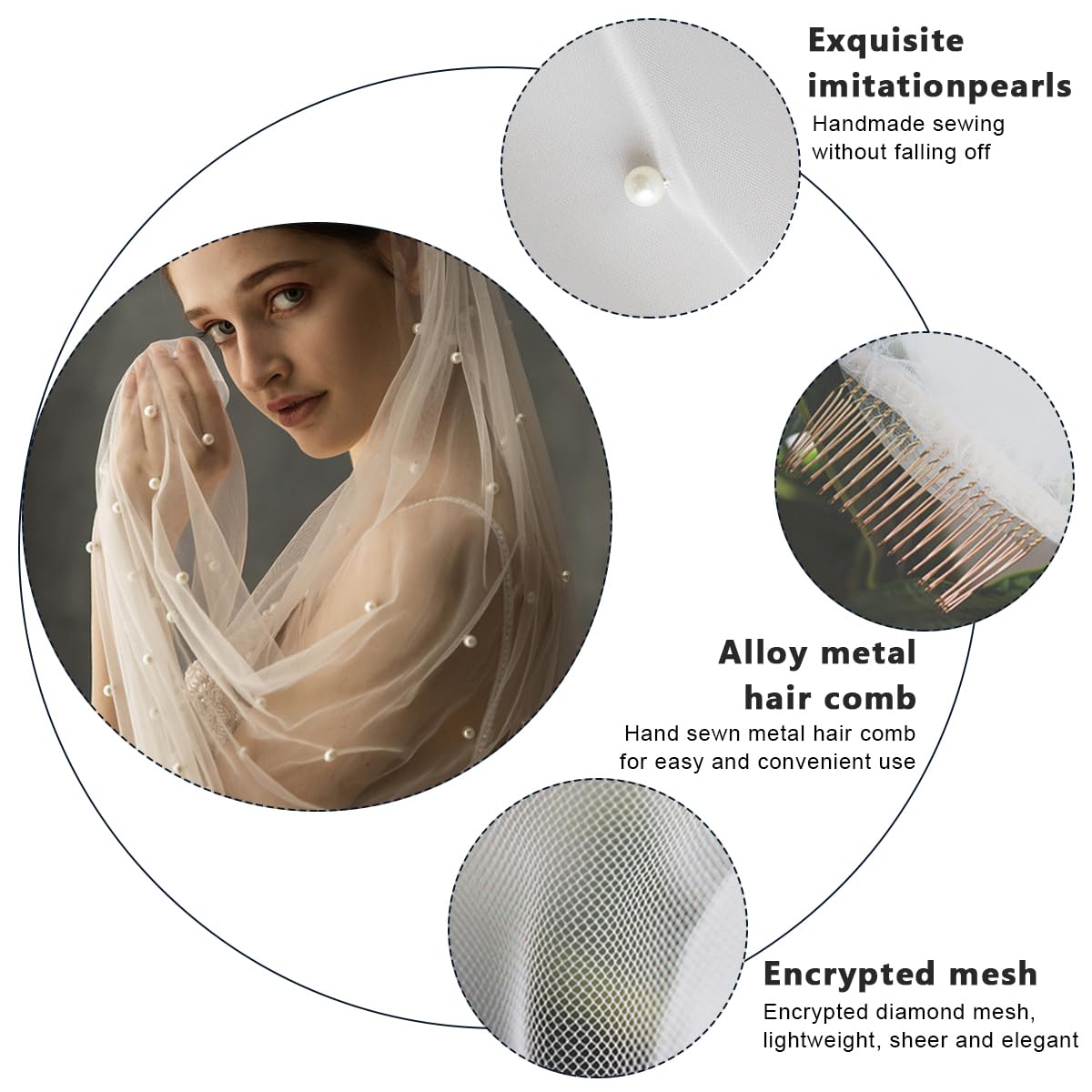 PALAY® Pearls Veil for Wedding Bride, 7.5ft Long Wedding Veil with Comb, 1 Tier Drop White Bridal Veil for Wedding, Soft Tulle Long Cathedral Veil