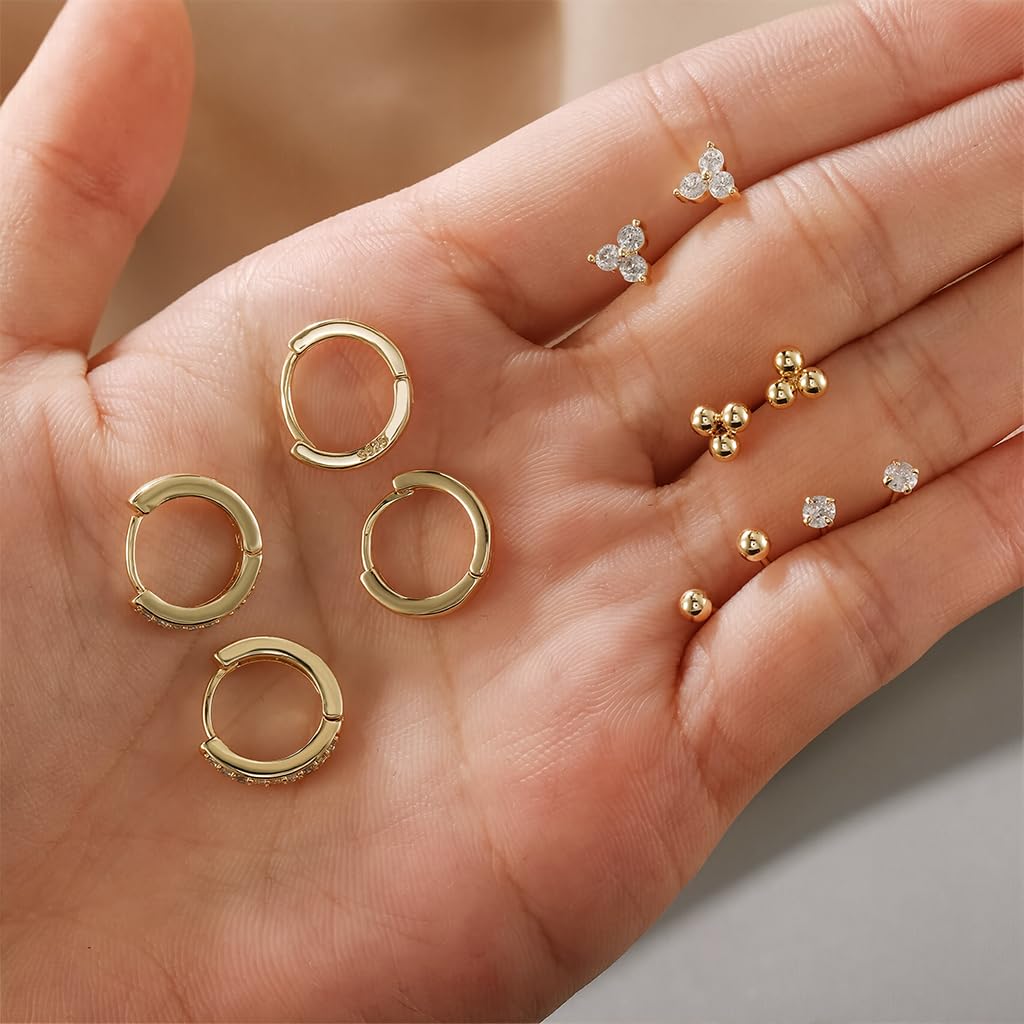 SANNIDHI Earring Sets for Women featuring 6 Pairs Gold Plated Studs with Rhinestones | Hypoallergenic Cubic Zirconia