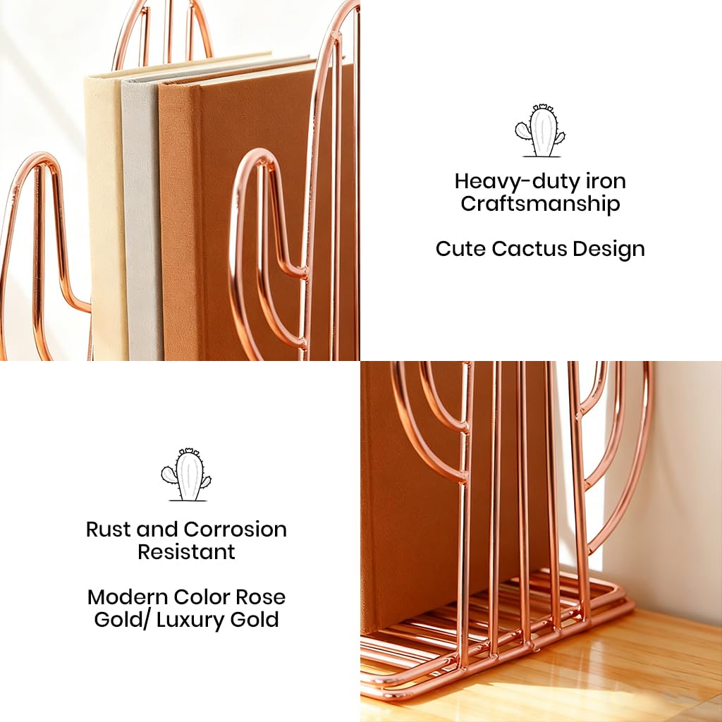 ZIBUYU Bookends for Home and Office with Non Slip Base featuring Brass Cactus Design | Golden Decorative Organizer