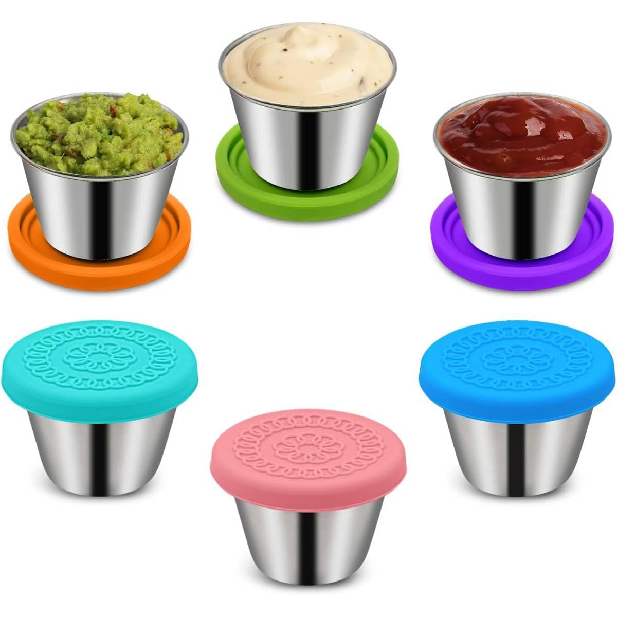 HASTHIP Small Condiment Containers for Salad Dressings featuring Leakproof Silicone Lids and Reusable Stainless Steel Cups 6 Pack 40ml