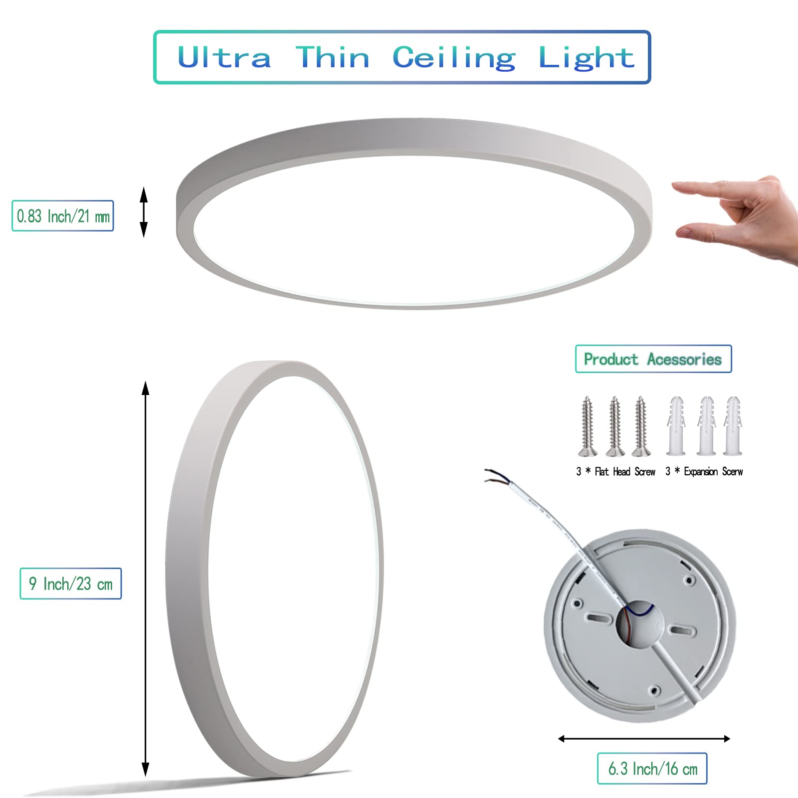 ELEPHANTBOAT LED Ceiling Light for Living Room with 9 inch Ultra Thin Design and 24W Bright 6500K White | Fireproof PC Housing