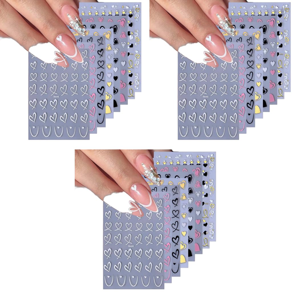 MAYCREATE Heart Nail Stickers for Women and Girls featuring 8 Sheets Graffiti Designs | Black White Pink Decals